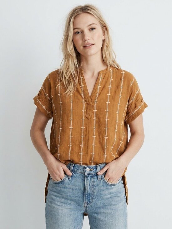 Madewell Tops - Madewell Central Shirt in Stripe Mix: Ochre Mustard Short Sleeve Blouse